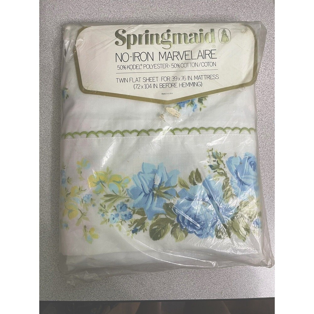 Springmaid No Iron Marvelaire Twin Flat Sheet Blue Roses Cottage Bedroom